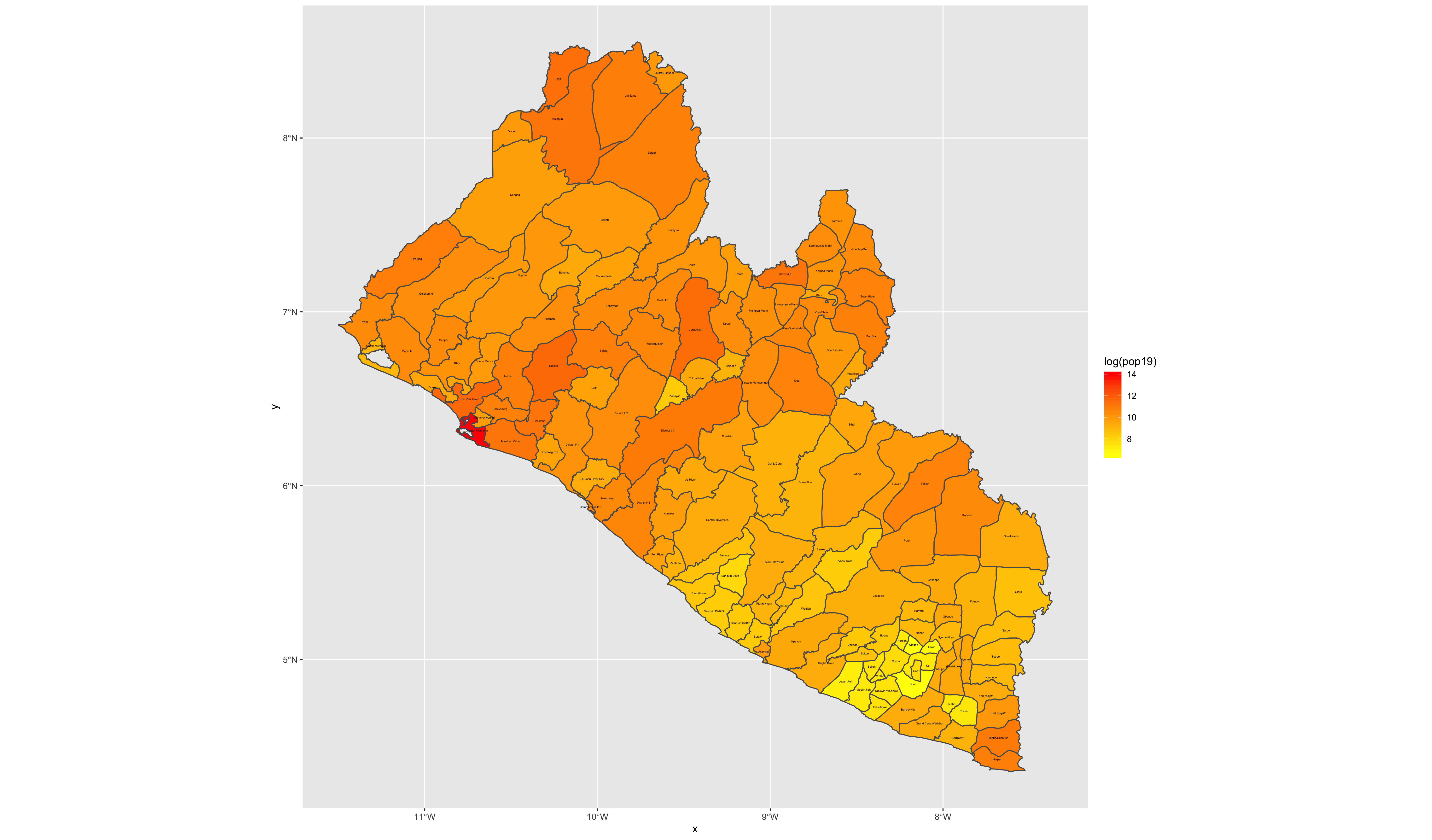 Liberia's District's described in terms of Log of Population