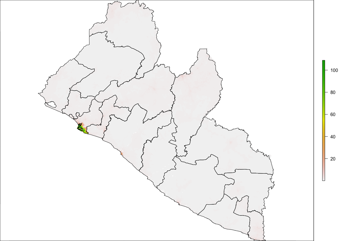 Raster Layer of Liberia's Population with ADM1 subdivisions overlayed