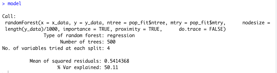 Capacity of RF model to explain variance with its 500 trees